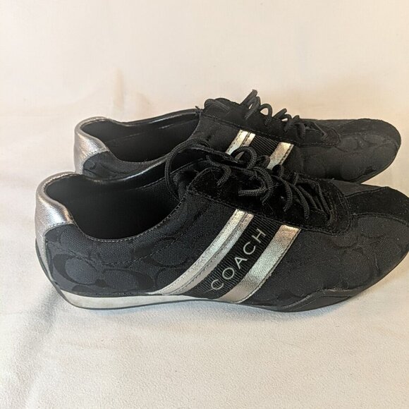 Coach Jayme Black Sneakers Shoes Q582 Womens US 8.5 Black Silver Monogram Tennis - Picture 3 of 12